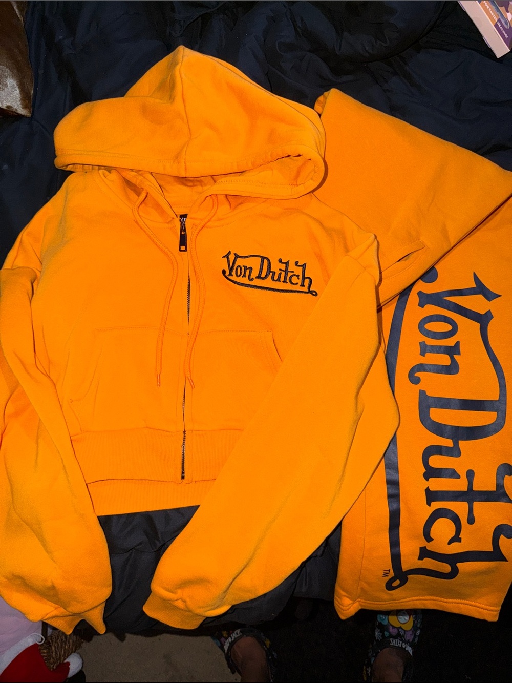 Von Dutch Orange Cropped Zip Hoodie with Logo and sweatpants